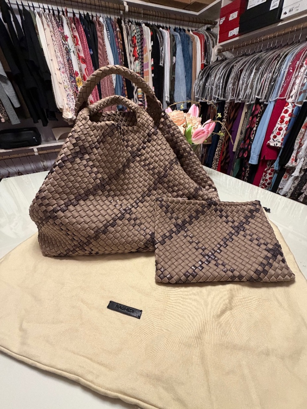 Naghedi Woven Taupe Tote with Matching Pouch